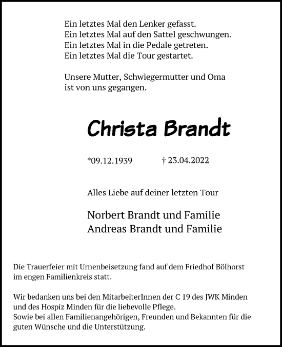 Anzeige von Christa Brandt von Mindener Tageblatt