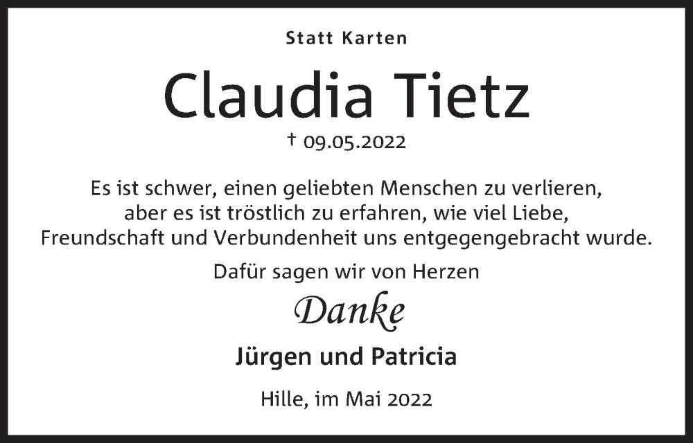  Traueranzeige für Claudia Tietz vom 28.05.2022 aus Mindener Tageblatt