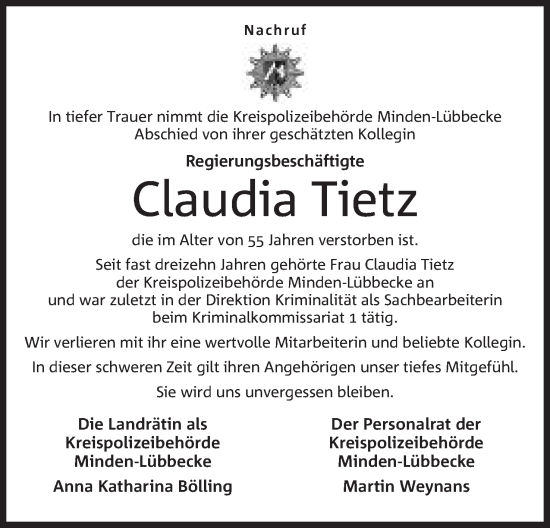 Anzeige von Claudia Tietz von Mindener Tageblatt