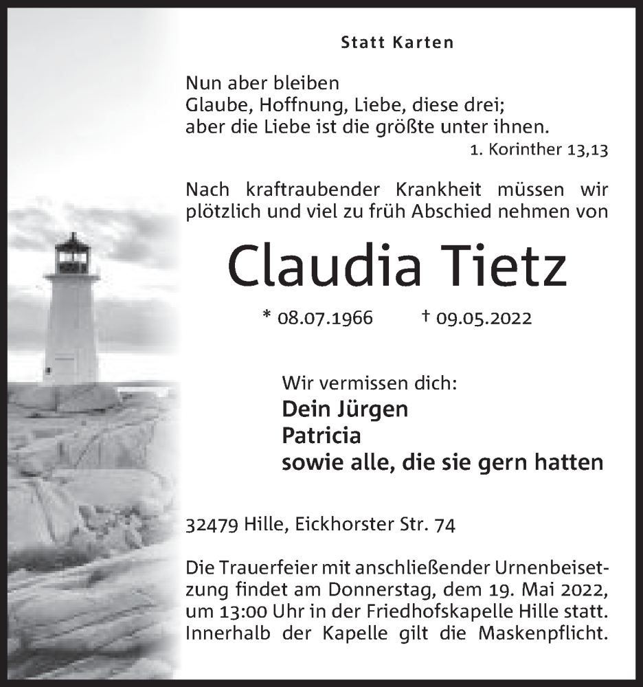  Traueranzeige für Claudia Tietz vom 14.05.2022 aus Mindener Tageblatt