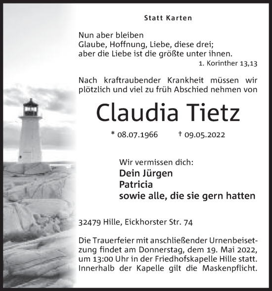 Anzeige von Claudia Tietz von Mindener Tageblatt