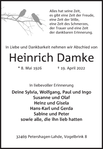 Anzeige von Heinrich Damke 