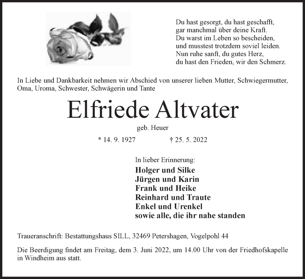  Traueranzeige für Elfriede Altvater vom 28.05.2022 aus Mindener Tageblatt