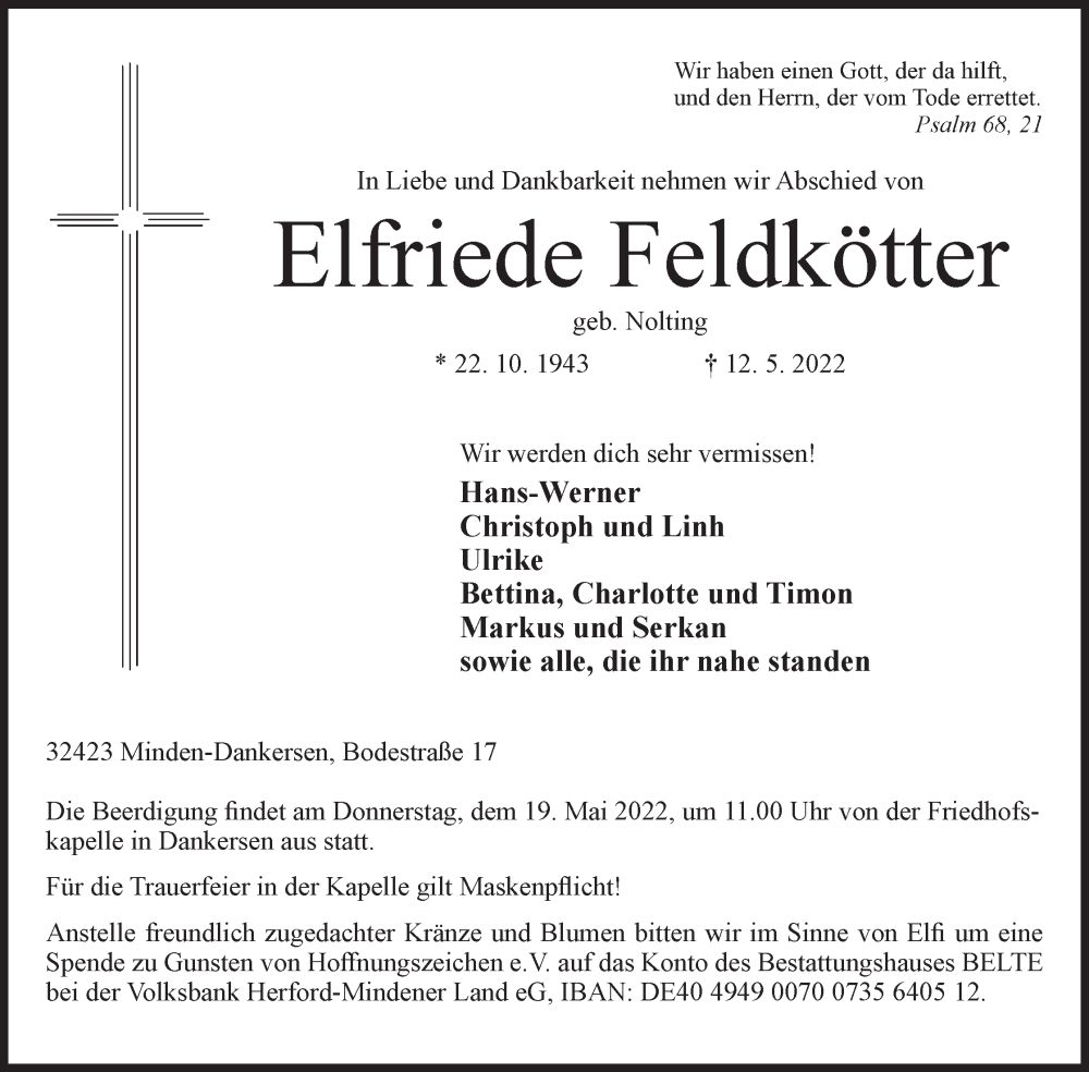  Traueranzeige für Elfriede Feldkötter vom 14.05.2022 aus Mindener Tageblatt