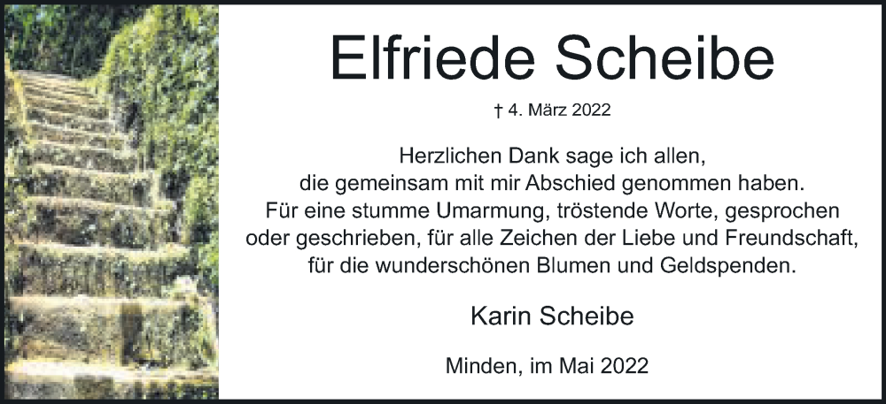  Traueranzeige für Elfriede Scheibe vom 14.05.2022 aus Mindener Tageblatt