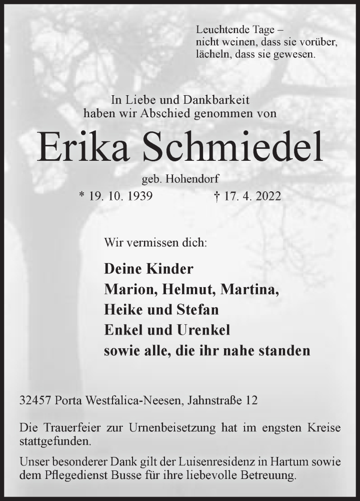  Traueranzeige für Erika Schmiedel vom 07.05.2022 aus Mindener Tageblatt