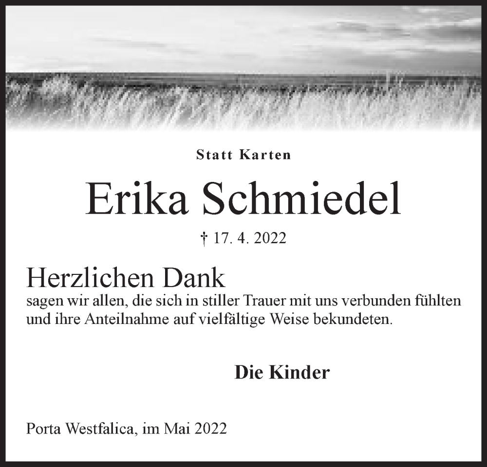  Traueranzeige für Erika Schmiedel vom 28.05.2022 aus Mindener Tageblatt