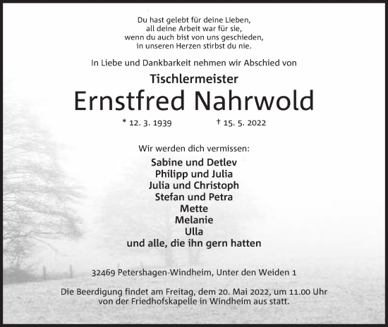 Anzeige von Ernstfred Nahrwold von Mindener Tageblatt
