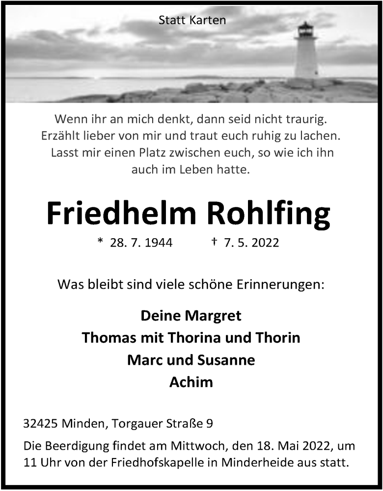  Traueranzeige für Friedhelm Rohlfing vom 11.05.2022 aus Mindener Tageblatt