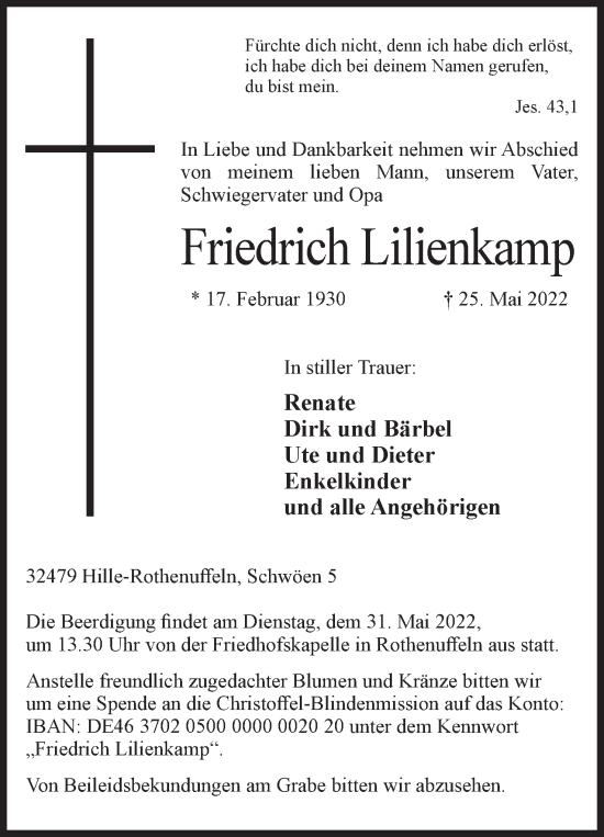 Anzeige von Friedrich Lilienkamp von Mindener Tageblatt