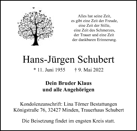 Anzeige von Hans-Jürgen Schubert von Mindener Tageblatt