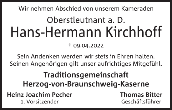 Anzeige von Hans Hermann Kirchhoff von Mindener Tageblatt