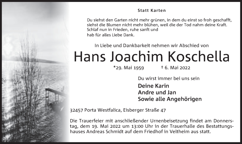  Traueranzeige für Hans Joachim Koschella vom 14.05.2022 aus Mindener Tageblatt