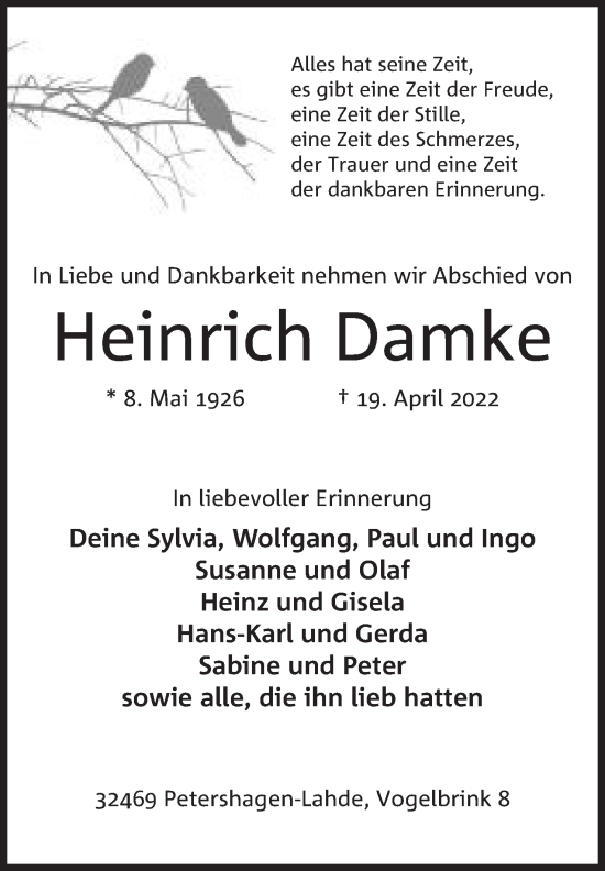 Anzeige von Heinrich Damke von Mindener Tageblatt
