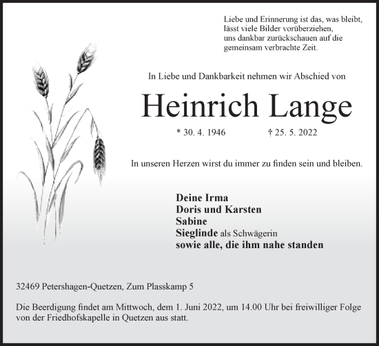 Anzeige von Heinrich Lange von Mindener Tageblatt