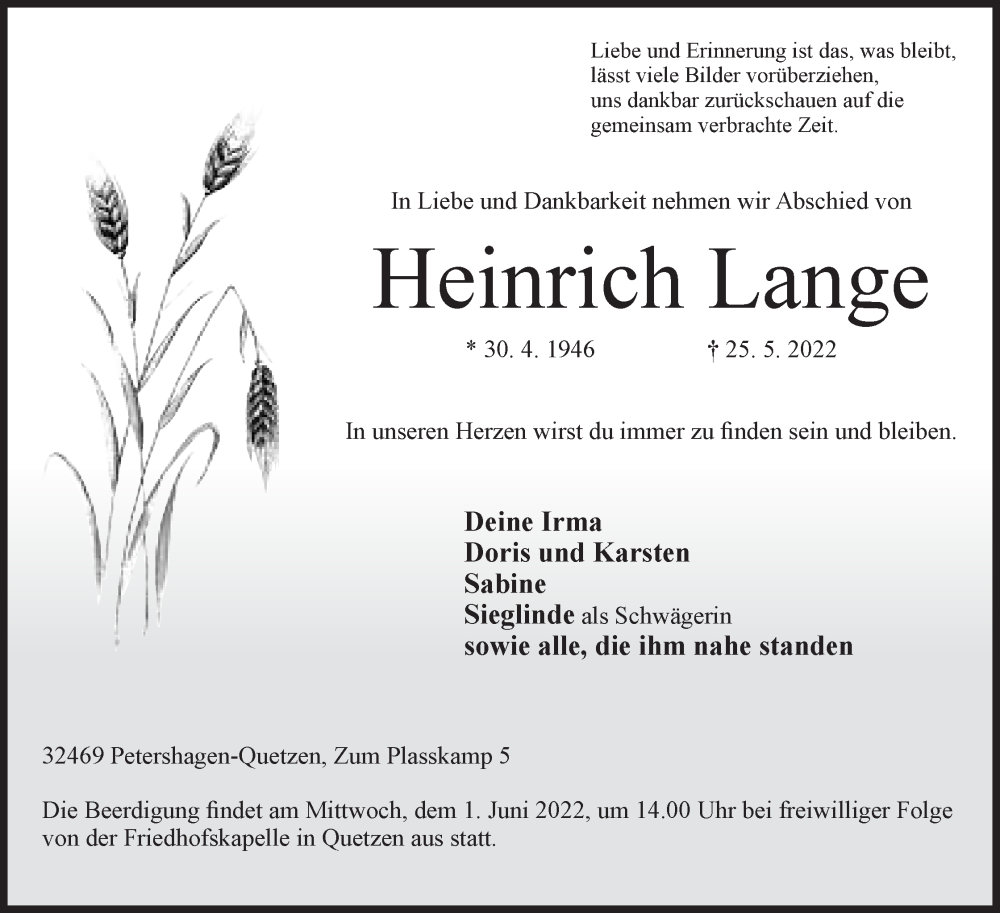  Traueranzeige für Heinrich Lange vom 28.05.2022 aus Mindener Tageblatt