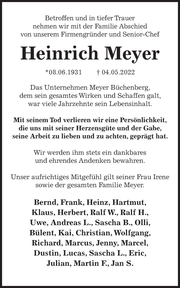  Traueranzeige für Heinrich Meyer vom 14.05.2022 aus Mindener Tageblatt