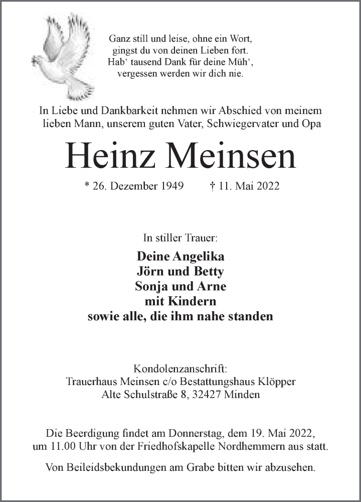  Traueranzeige für Heinz Meinsen vom 14.05.2022 aus Mindener Tageblatt