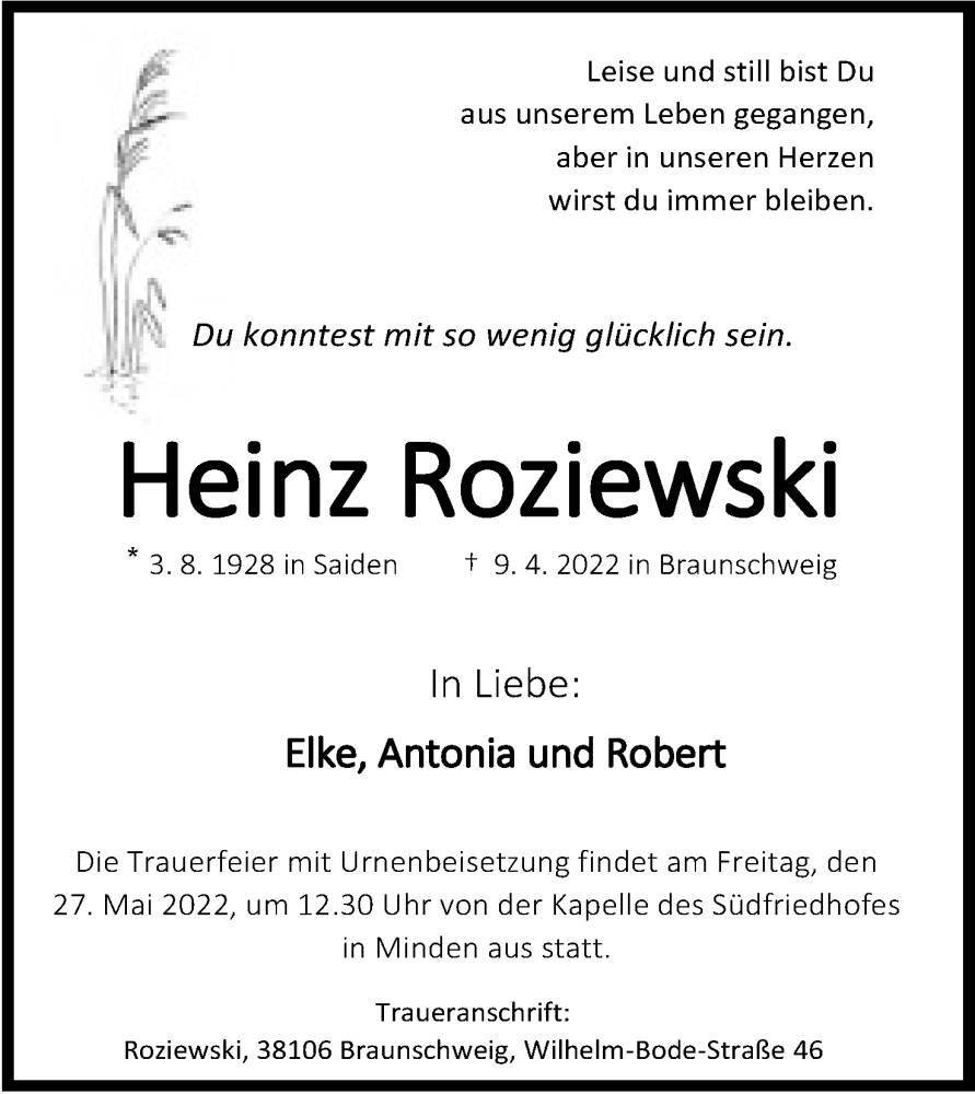  Traueranzeige für Heinz Roziewski vom 14.05.2022 aus Mindener Tageblatt