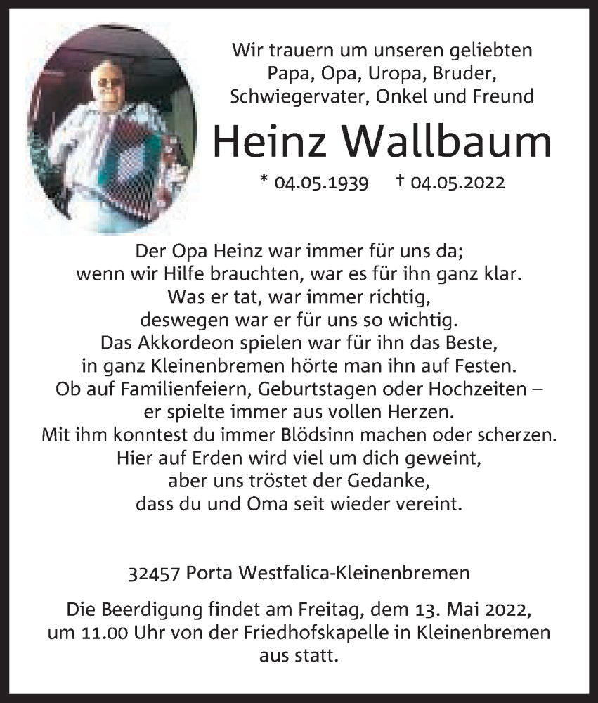  Traueranzeige für Heinz Wallbaum vom 07.05.2022 aus Mindener Tageblatt