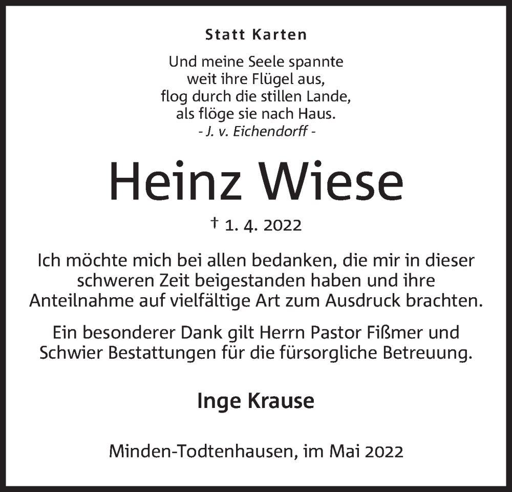  Traueranzeige für Heinz Wiese vom 14.05.2022 aus Mindener Tageblatt