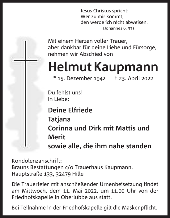 Anzeige von Helmut Kaupmann von Mindener Tageblatt