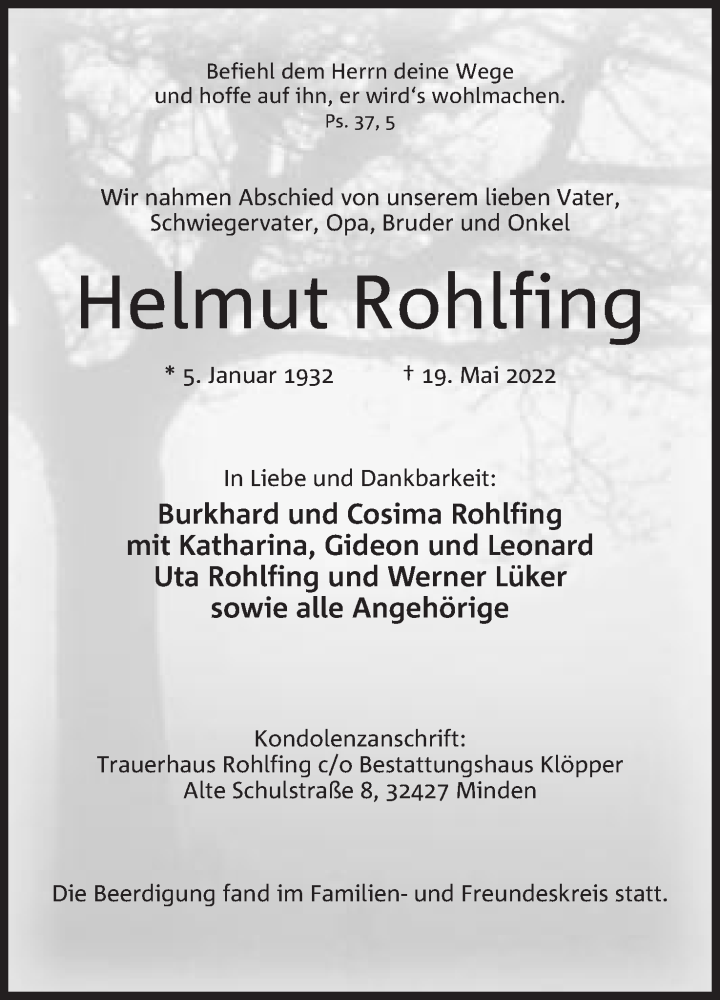  Traueranzeige für Helmut Rohlfing vom 28.05.2022 aus Mindener Tageblatt