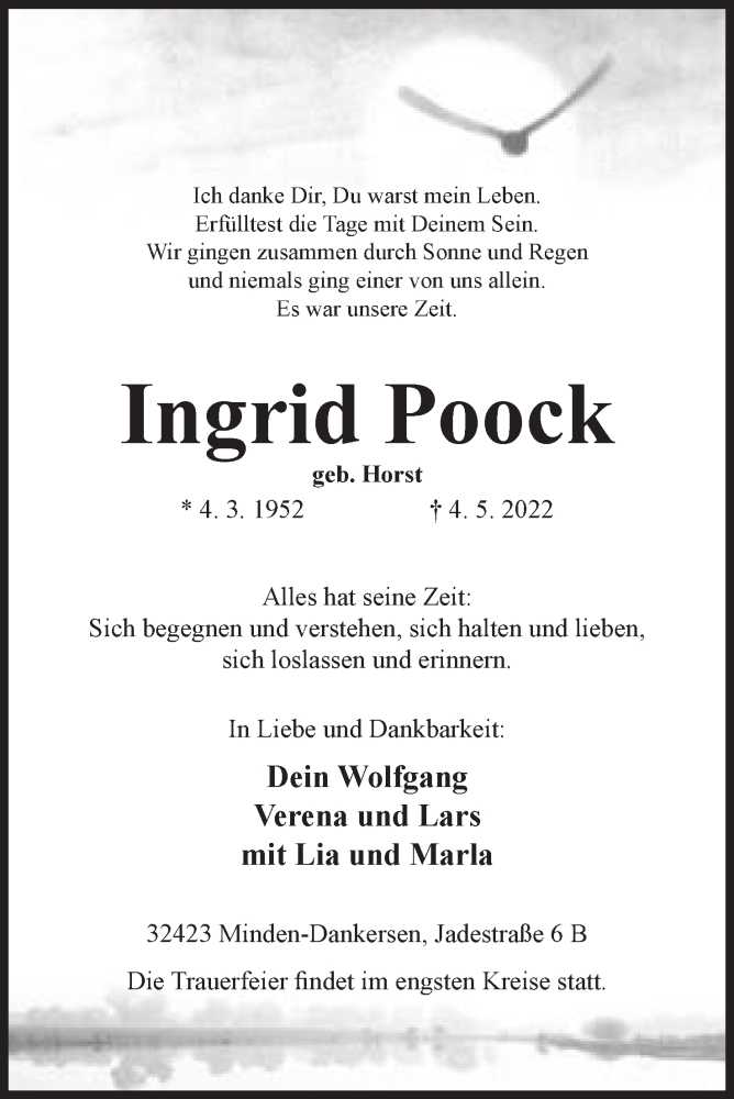  Traueranzeige für Ingrid Poock vom 07.05.2022 aus Mindener Tageblatt