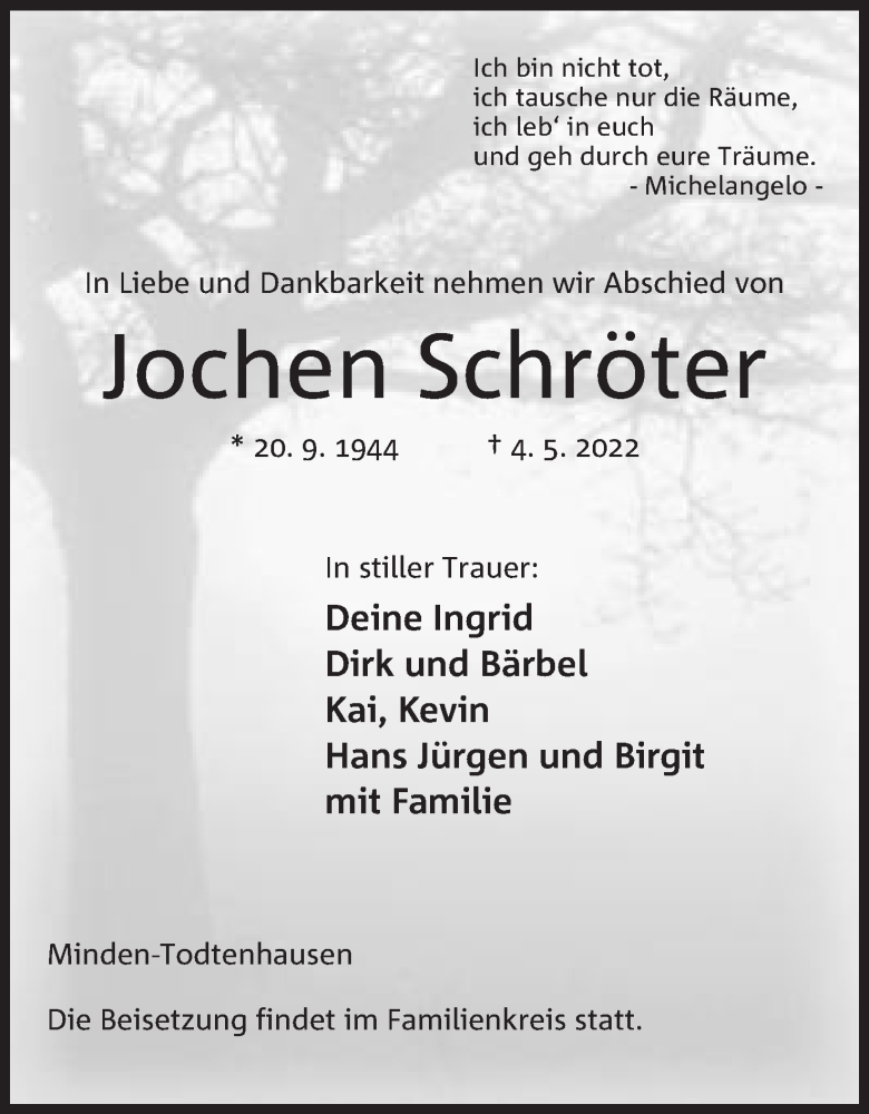  Traueranzeige für Jochen Schröter vom 11.05.2022 aus Mindener Tageblatt