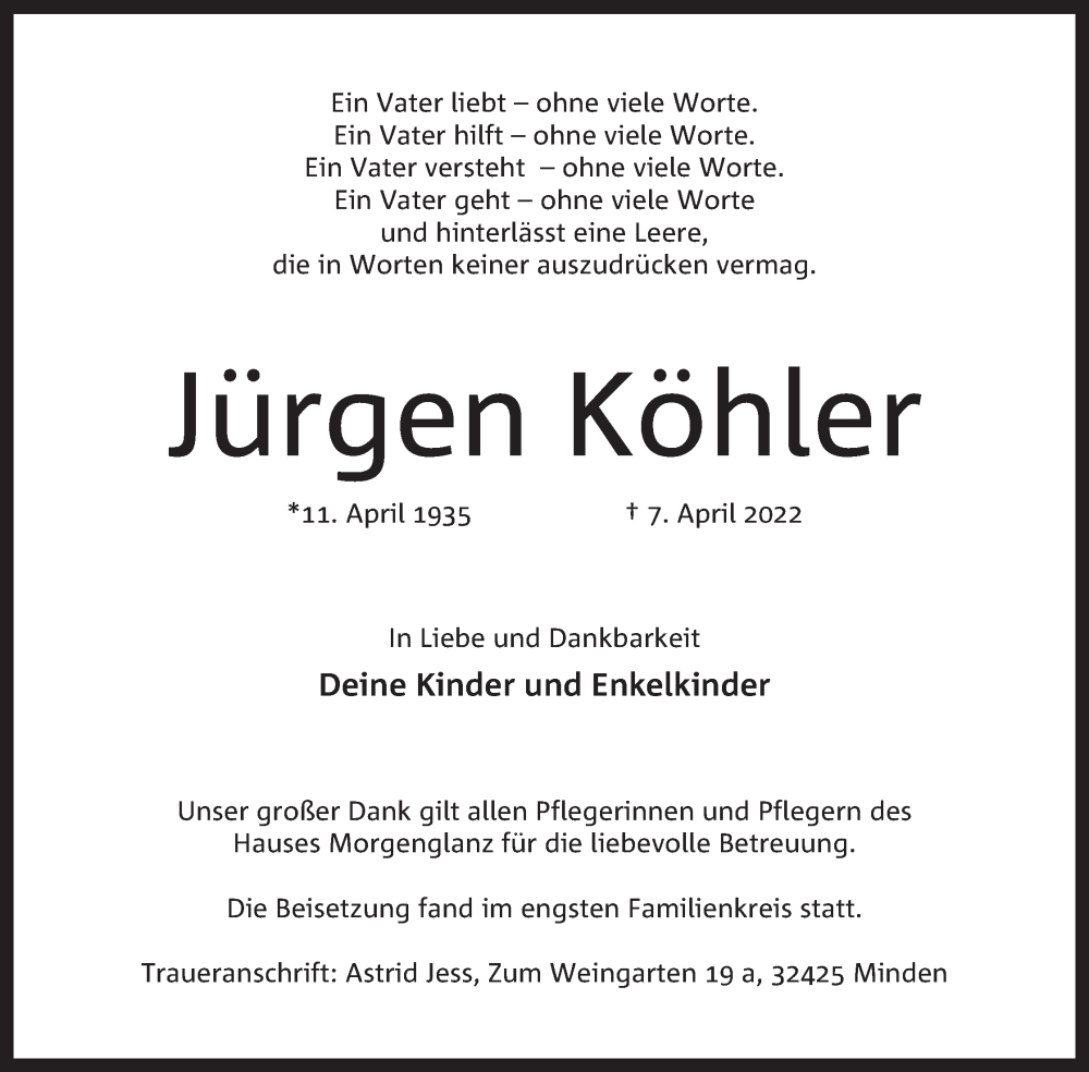  Traueranzeige für Jürgen Köhler vom 07.05.2022 aus Mindener Tageblatt