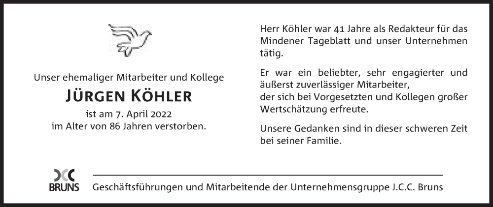  Traueranzeige für Jürgen Köhler vom 07.05.2022 aus Mindener Tageblatt