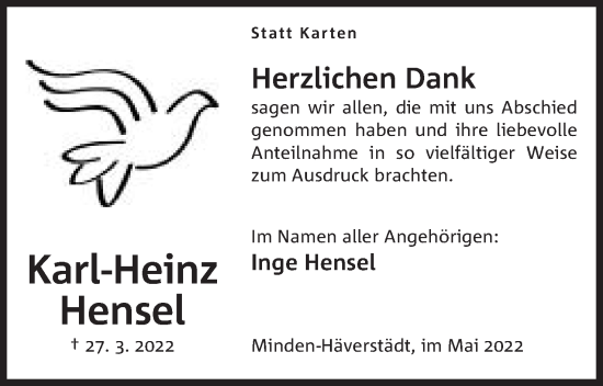 Anzeige von Karl-Heinz Hensel von Mindener Tageblatt