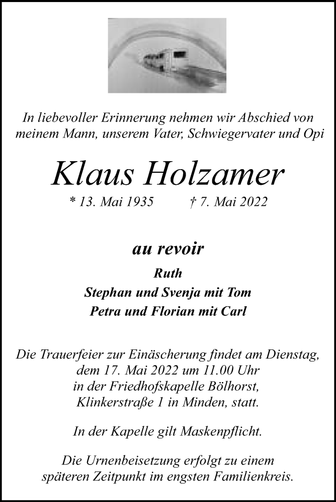  Traueranzeige für Klaus Holzamer vom 11.05.2022 aus Mindener Tageblatt