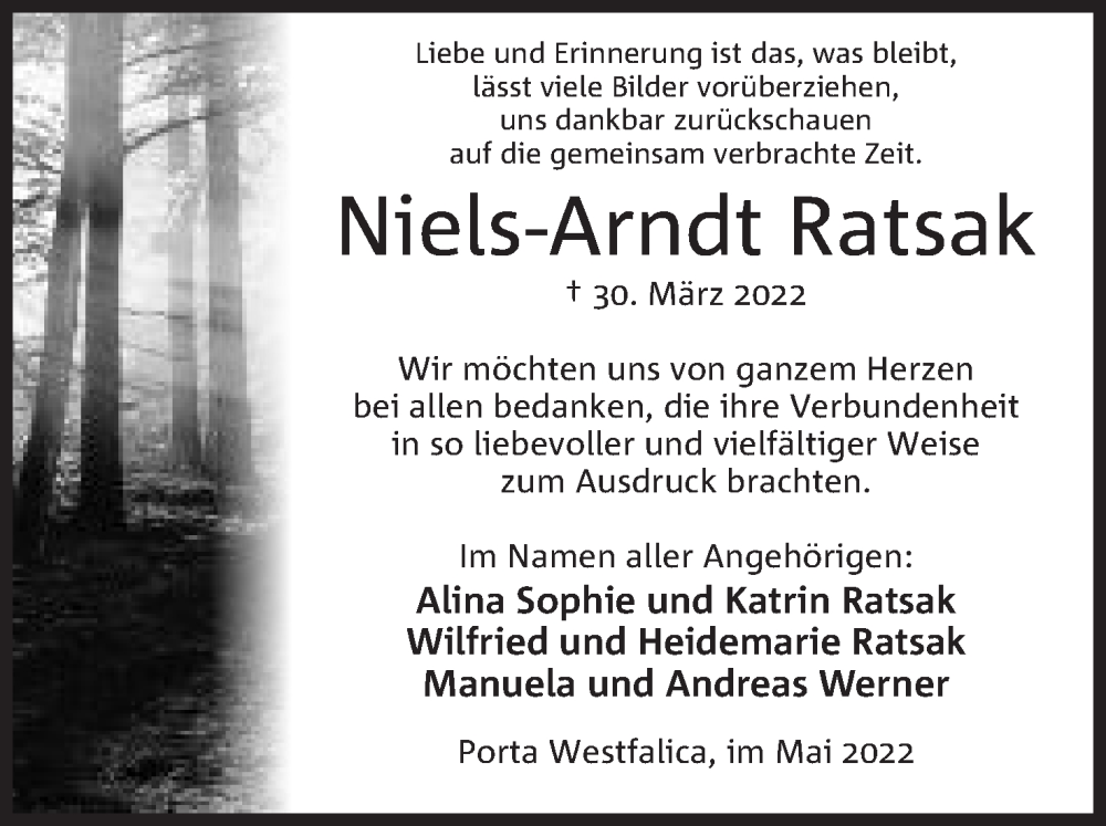  Traueranzeige für Niels-Arndt Ratsak vom 21.05.2022 aus Mindener Tageblatt