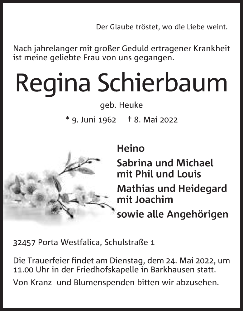  Traueranzeige für Regina Schierbaum vom 14.05.2022 aus Mindener Tageblatt