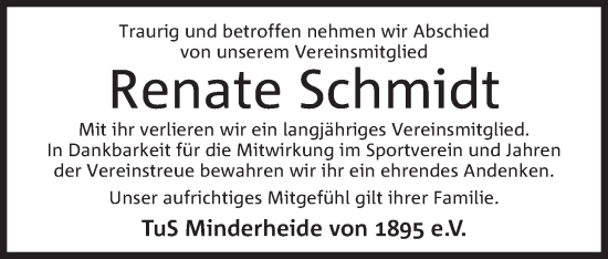 Anzeige von Renate Schmidt von Mindener Tageblatt