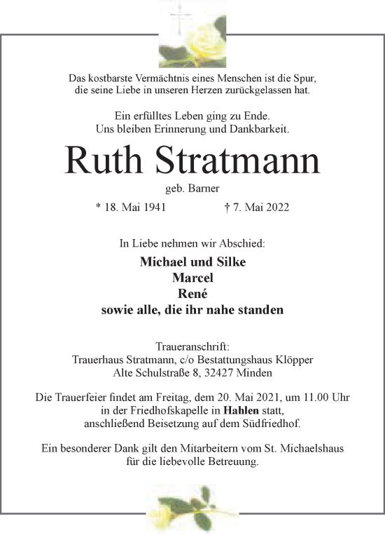 Anzeige von Ruth Stratmann von Mindener Tageblatt