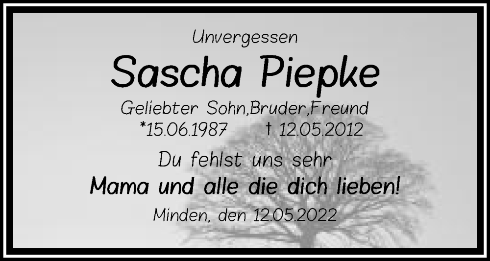  Traueranzeige für Sascha Piepke vom 14.05.2022 aus Mindener Tageblatt