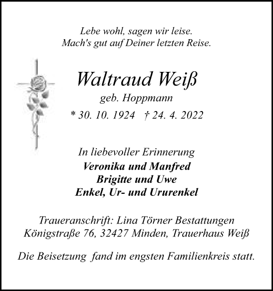 Anzeige von Waltraud Weiß von Mindener Tageblatt
