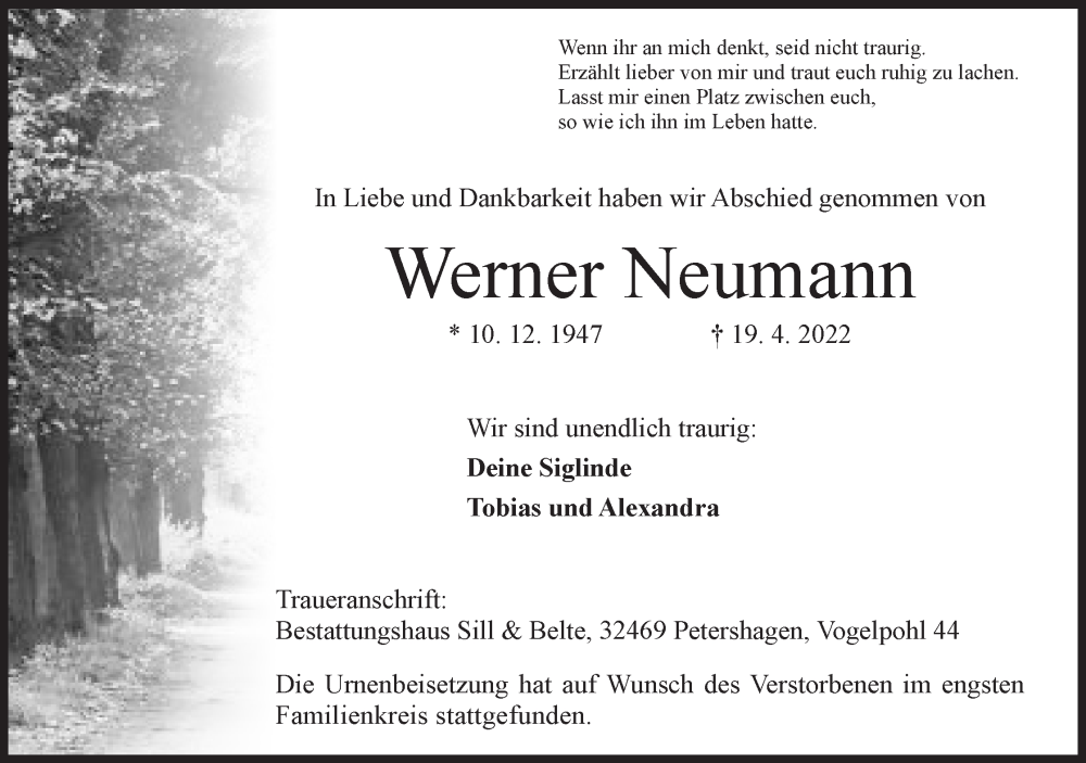  Traueranzeige für Werner Neumann vom 07.05.2022 aus Mindener Tageblatt