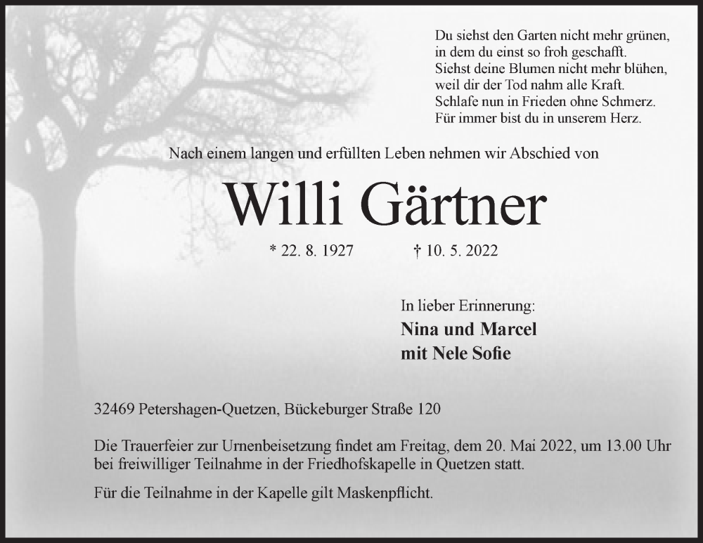  Traueranzeige für Willi Gärtner vom 14.05.2022 aus Mindener Tageblatt