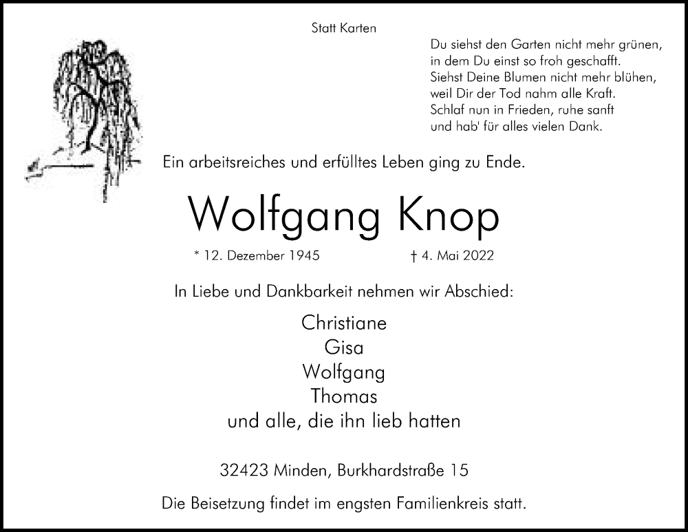  Traueranzeige für Wolfgang Knop vom 07.05.2022 aus Mindener Tageblatt