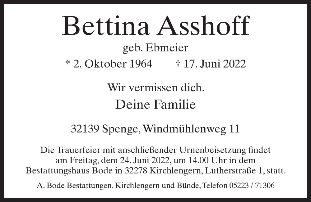  Traueranzeige für Bettina Asshoff vom 22.06.2022 aus Mindener Tageblatt