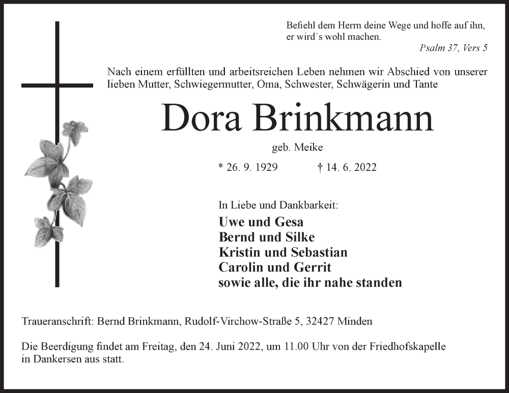  Traueranzeige für Dora Brinkmann vom 18.06.2022 aus Mindener Tageblatt