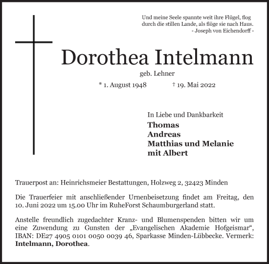 Anzeige von Dorothea Intelmann von Mindener Tageblatt