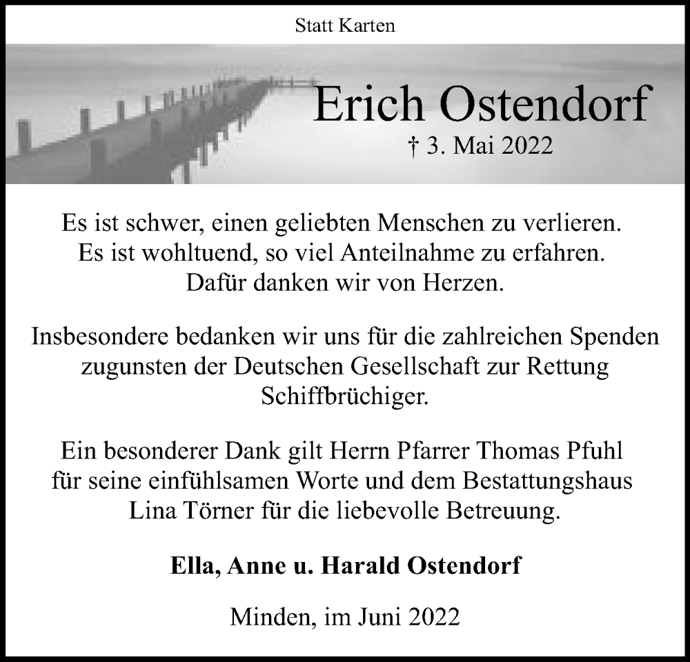  Traueranzeige für Erich Ostendorf vom 18.06.2022 aus Mindener Tageblatt