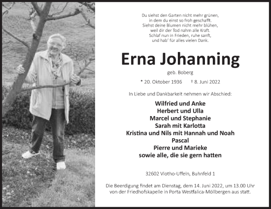 Anzeige von Erna Johanning von Mindener Tageblatt