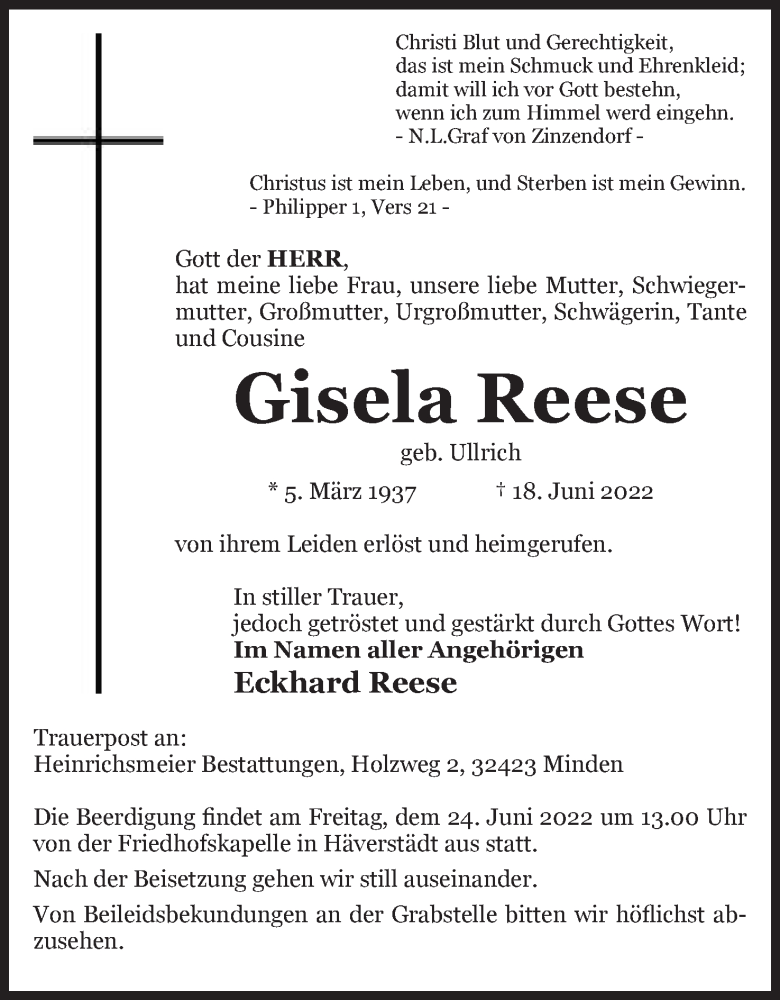  Traueranzeige für Gisela Reese vom 22.06.2022 aus Mindener Tageblatt