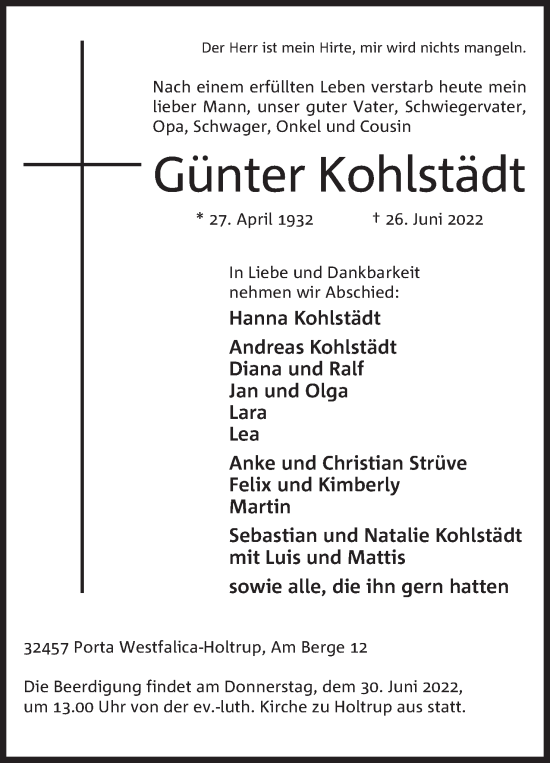 Anzeige von Günter Kohlstädt von Mindener Tageblatt