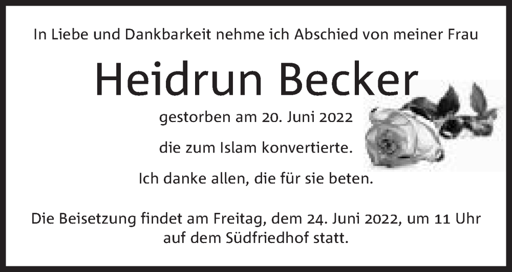  Traueranzeige für Heidrun Becker vom 23.06.2022 aus Mindener Tageblatt
